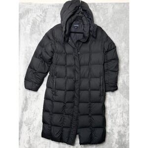 Lands End Down Puffer‎ Trench Coat Medium 10 12 Black Long Removable Hood Parka